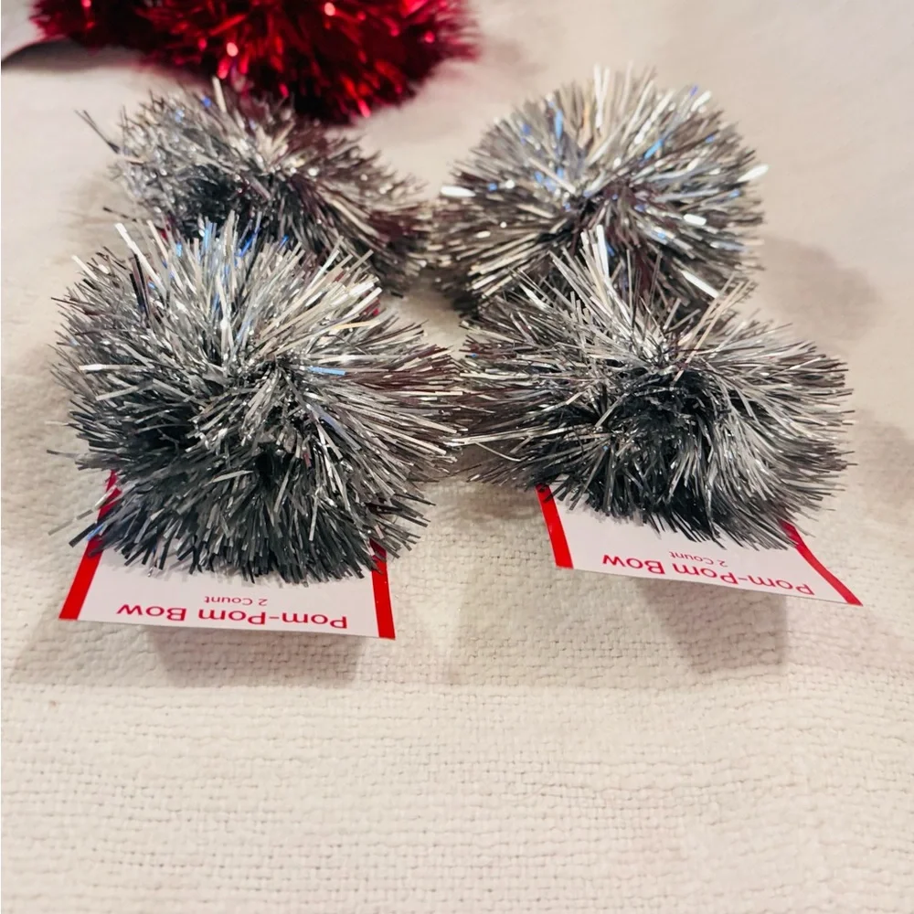 4 Silver Metallic Pom Pom Bows for Party Gift Wrap